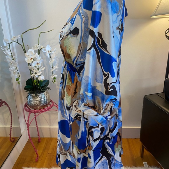 Blue Multi Satin Abstract V Neck Dress - Picture 4 of 4
